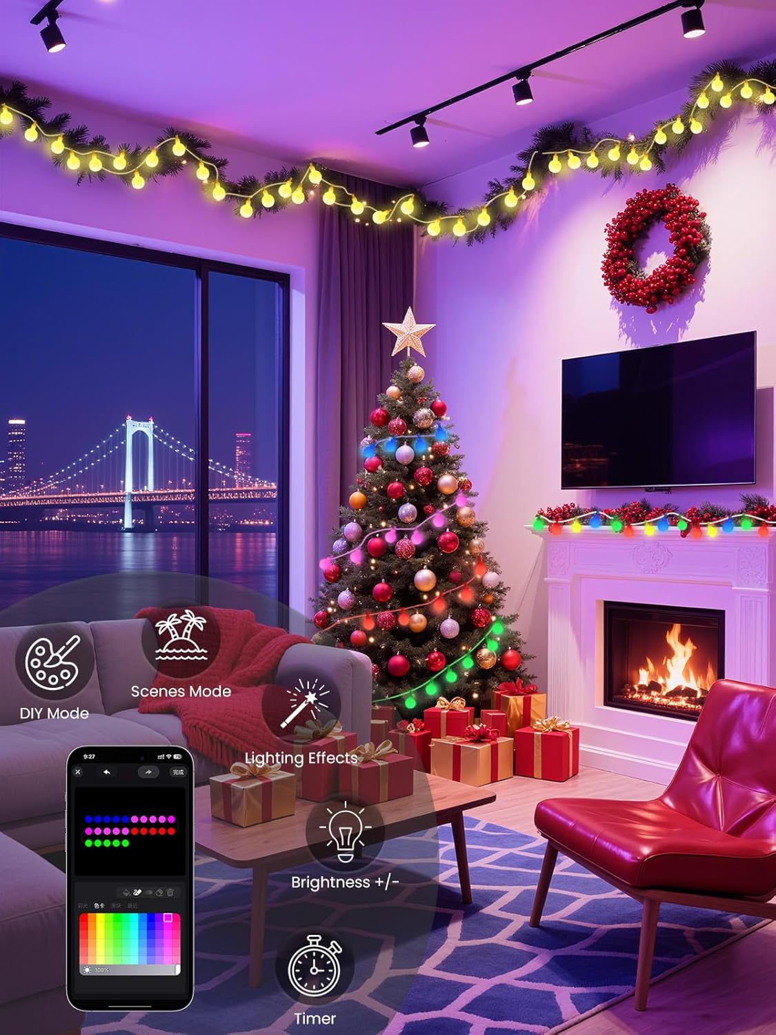 78ft Smart Color Changing Christmas Lights, 200 LED RGB Globe String Lights App Control with Remote & Timer, Music Sync Fairy Light Plug in Waterproof for Christmas Decoration Indoor Outdoor Bedroom