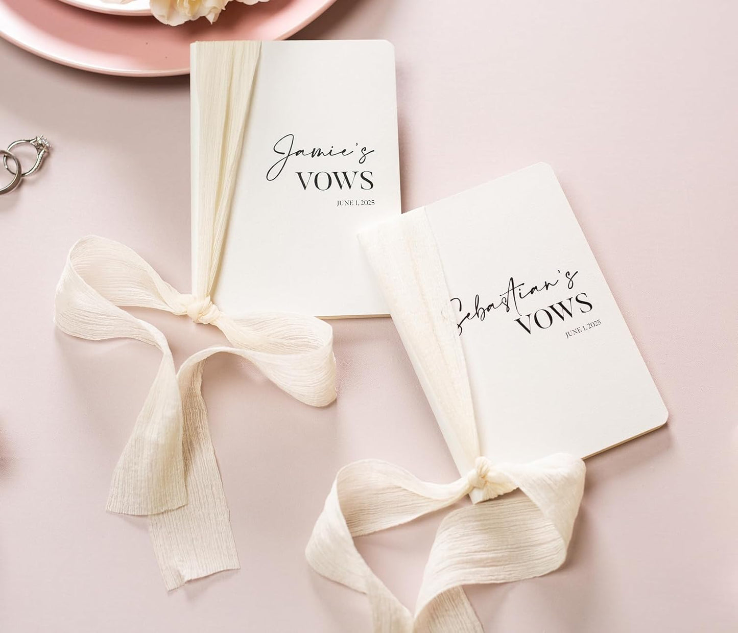 Modern Album Designs Set of Custom Slim White Vow Books w/Ribbon (Set of 2) - 5.625 x 4 Minimalist Pocket Sized Romantic Wedding Ceremony Vow Renewal Speech Notebook Journal