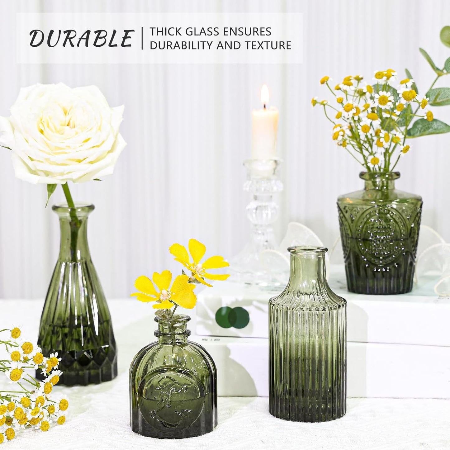 Glass Bud Vase Set of 5, Green Small Flower Vases for Centerpieces in Bulk, Mini Vintage Vase for Rustic Wedding, Home,Table Decoration