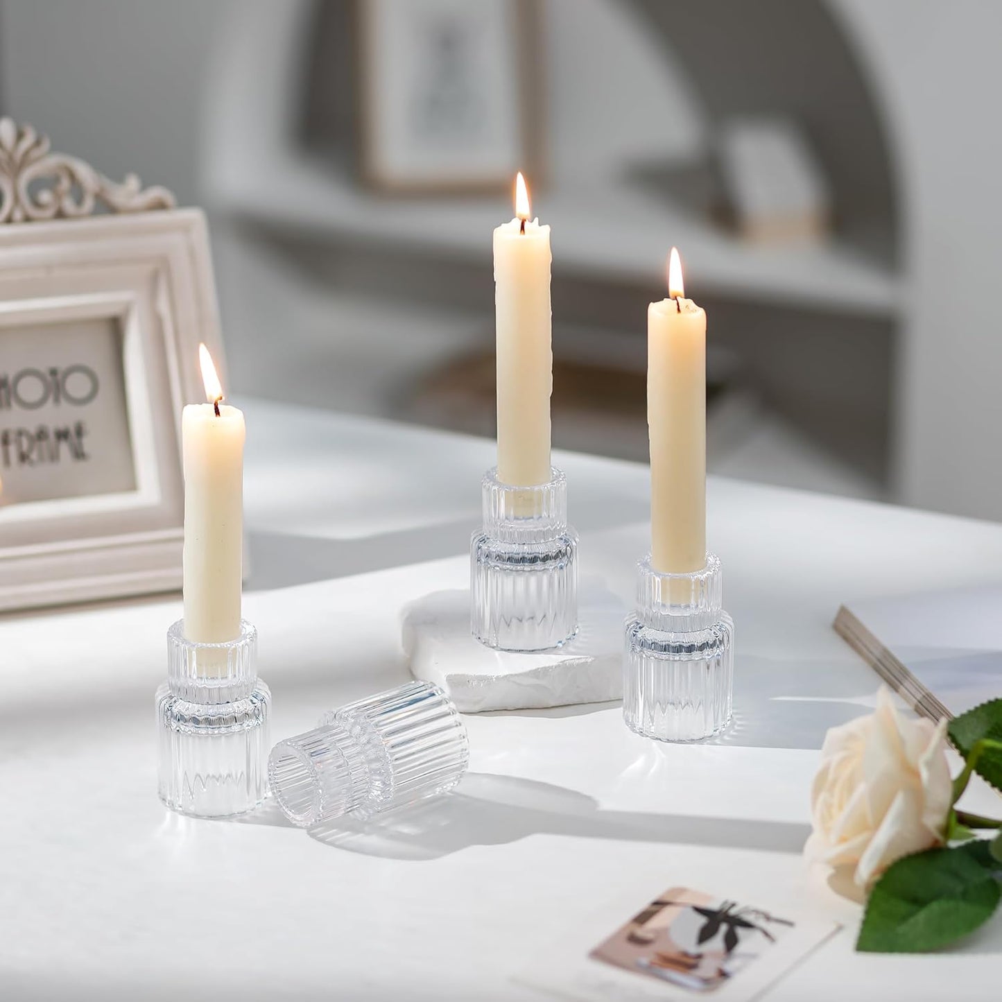 Romadedi Glass Candle Holder for Candlestick - 2Pcs Clear Small Tapered Candle Holders Wedding Decor Table Centerpiece for Candle Sticks Christmas Party Table Living Room Dinner Advent