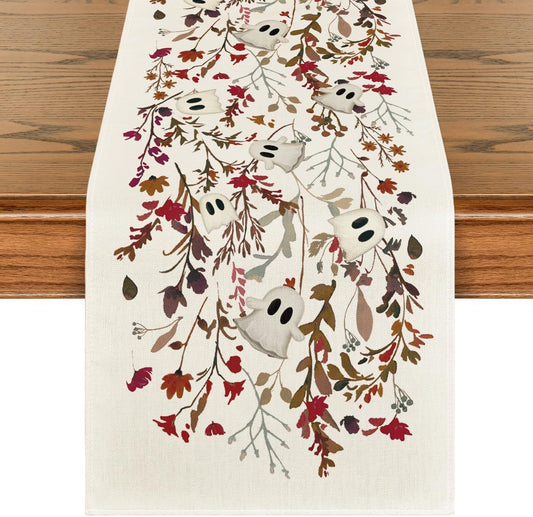 Artoid Mode Ghost Flowers Leaves 210 GSM Halloween Table Runner,Seasonal Fall Kitchen Dining Table Decoration for Home Party Decor 13x108 Inch