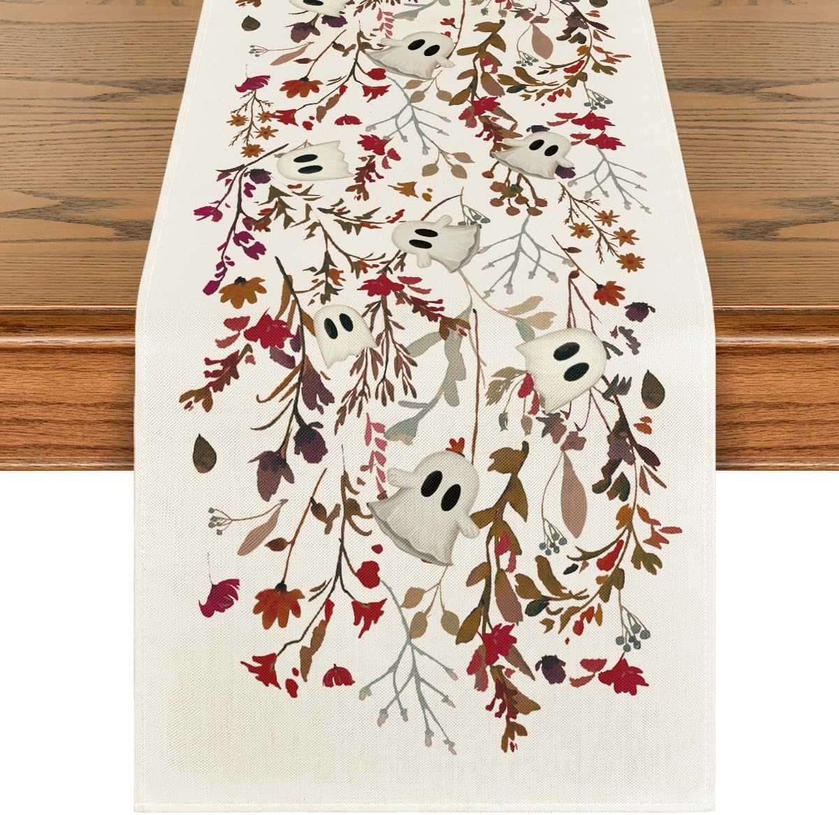 Artoid Mode Ghost Flowers Leaves 210 GSM Halloween Table Runner,Seasonal Fall Kitchen Dining Table Decoration for Home Party Decor 13x90 Inch