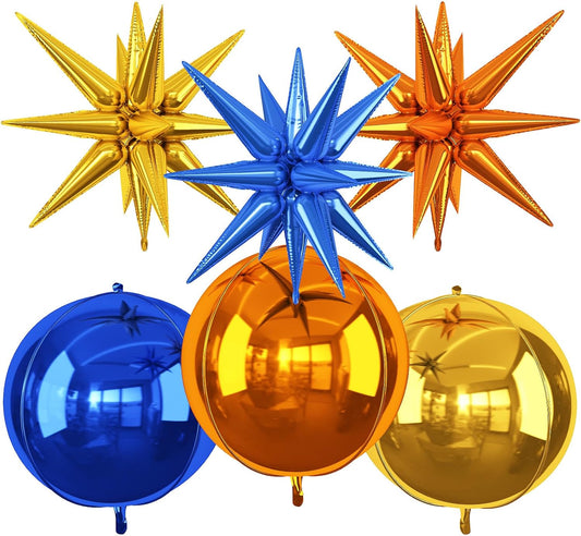 6Pcs Blue Orange Gold Foil Balloons,22Inch Orange Blue Gold 4D Round Ball Balloon and Explosion Star Balloon for Birthday Wedding Baby Shower Anniversary Party Decorations