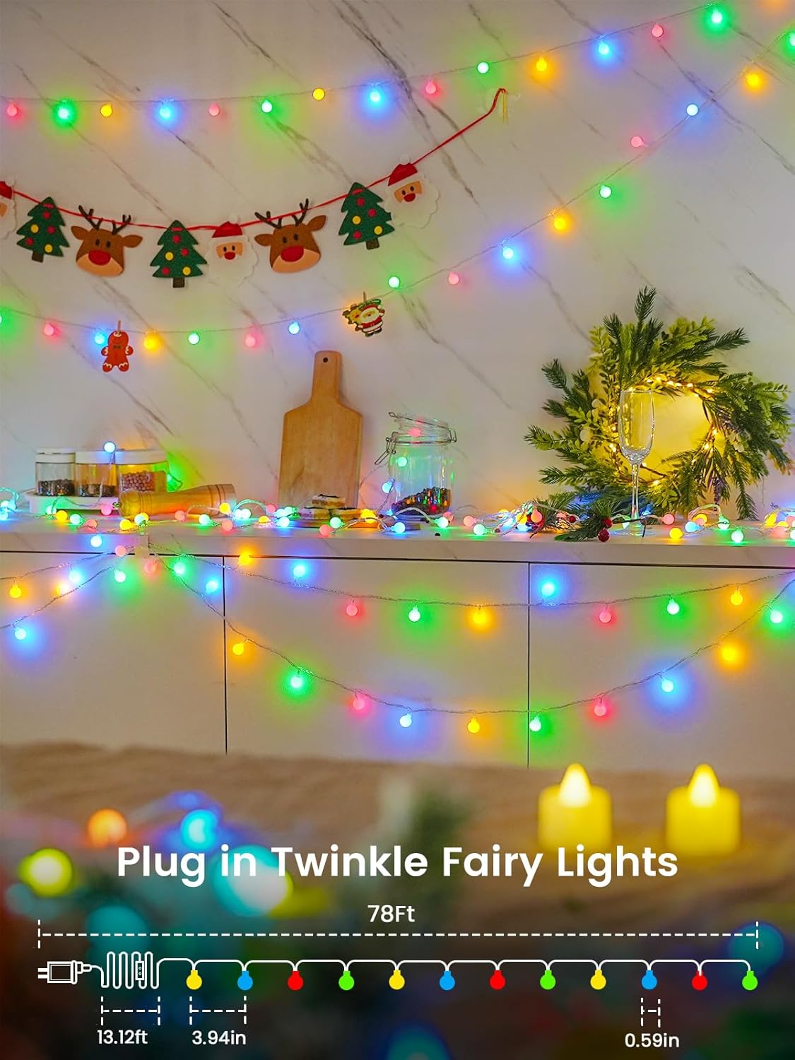 78ft Smart Color Changing Christmas Lights, 200 LED RGB Globe String Lights App Control with Remote & Timer, Music Sync Fairy Light Plug in Waterproof for Christmas Decoration Indoor Outdoor Bedroom