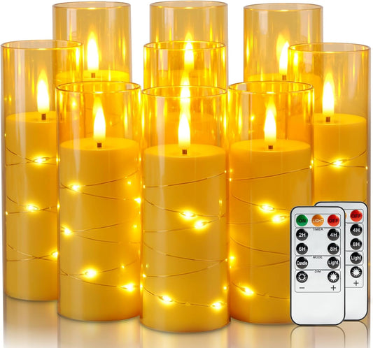 Homemory Flameless Candles with Embedded Star String Fairy Lights, Battery Operated Candles with Remote Control and Timer, Flickering LED Candle for Fall Pumpkin Decorations, Amber Gold, Set of 9