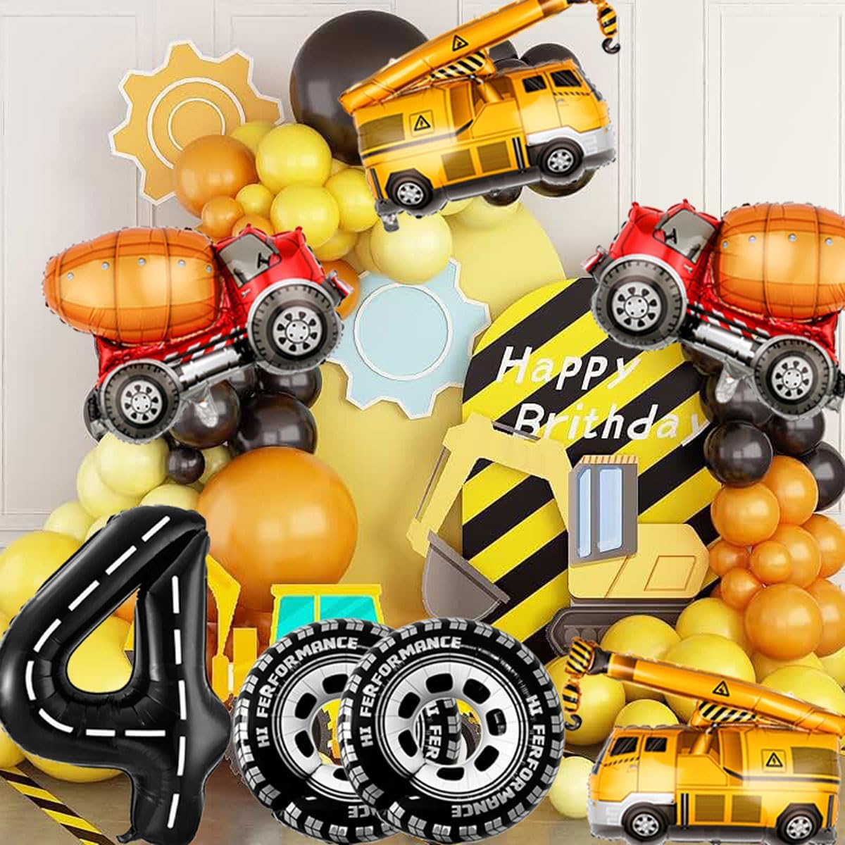 Construction Balloons 4rd Birthday Decorations for Boys 40inch Number 4 Balloons Truck Foil Balloon for Construction Birthday Party Decorations Supplies