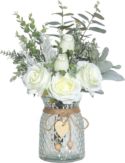 Faux Flowers with Vase,Artificial Silk Roses in Vase, Fake Plant Eucalyptus Flower Arrangement for Home Office Farmhouse Bathroom Dining Table Centerpiece Decorations Coffee Table Decor (White)