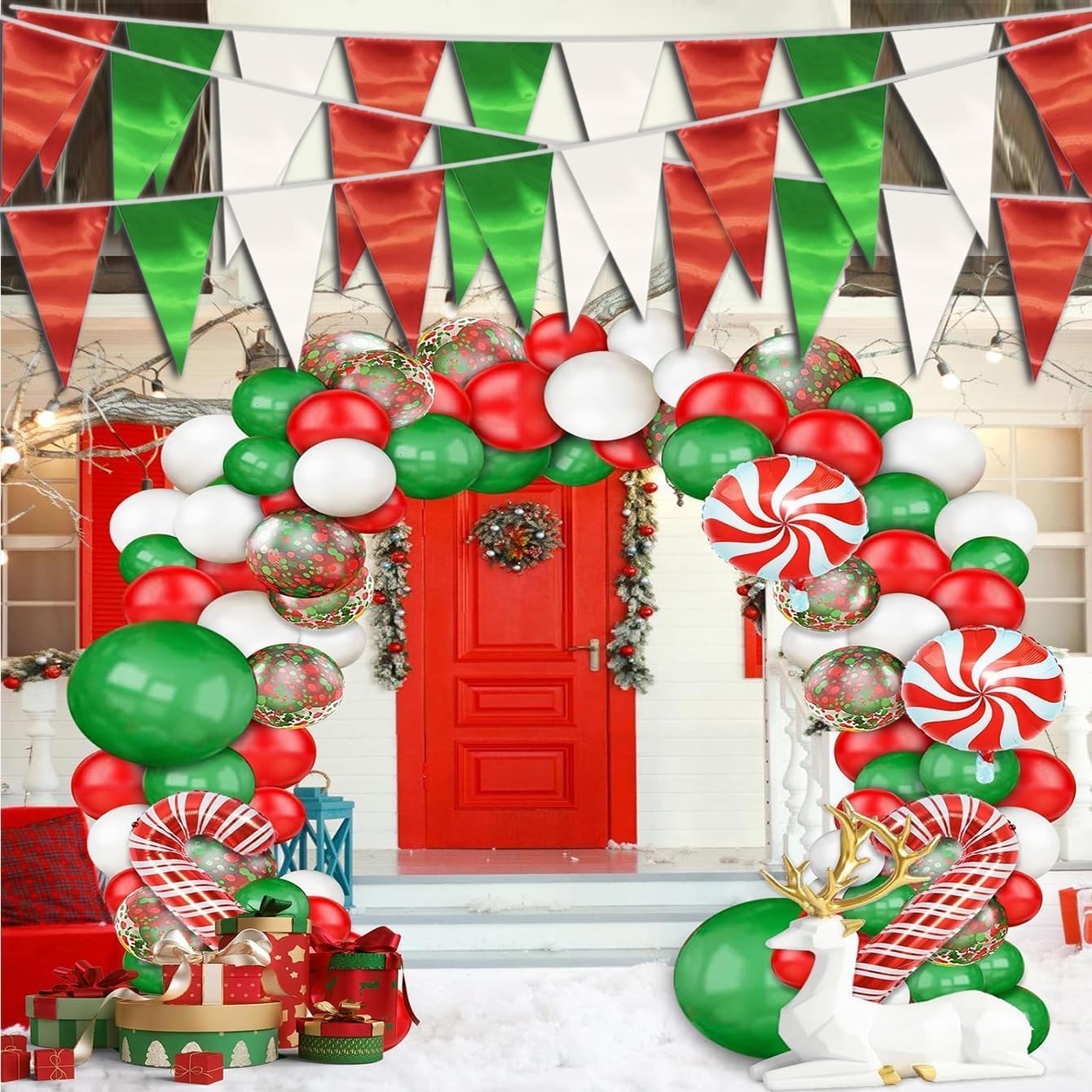 40M/130FT White Green Red Triangle Pennant Banner Flag Metallic Fabric Bunting Garland for Christmas Italy Mexican Birthday Baby Shower Wedding Banners,New Years Winter Decor Ouruola