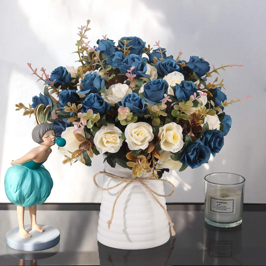Lifelike Artificial Rose Bouquets and Ceramic vases, Fake Silk Roses, Suitable for Wedding, Dining Table, Office, Party and Home Decoration（Blue）