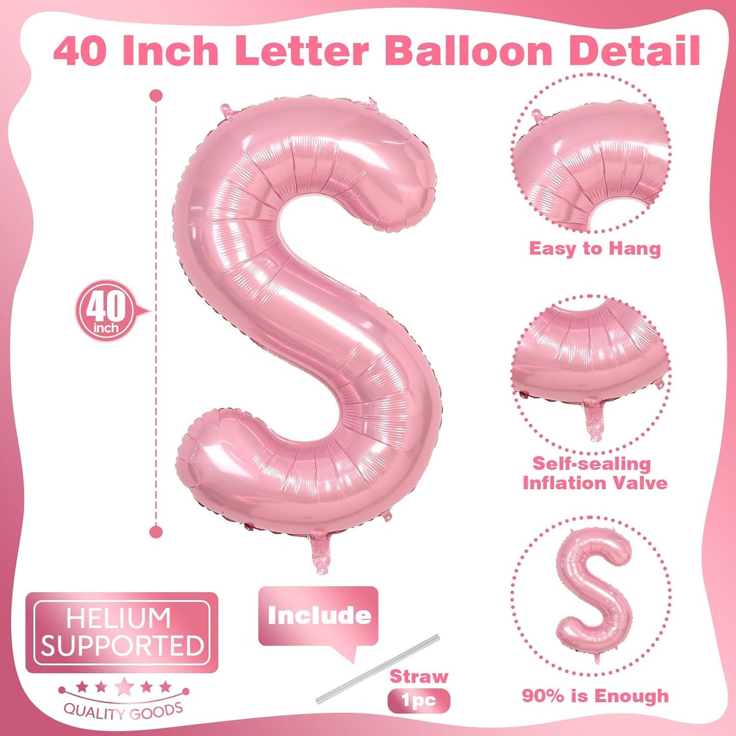 Self Inflating Pastel Pink S Letter Balloon, 40 Inch Large Alphabet Foil Custom Letter Balloon for Girls Birthday Party & Baby Shower Decoration
