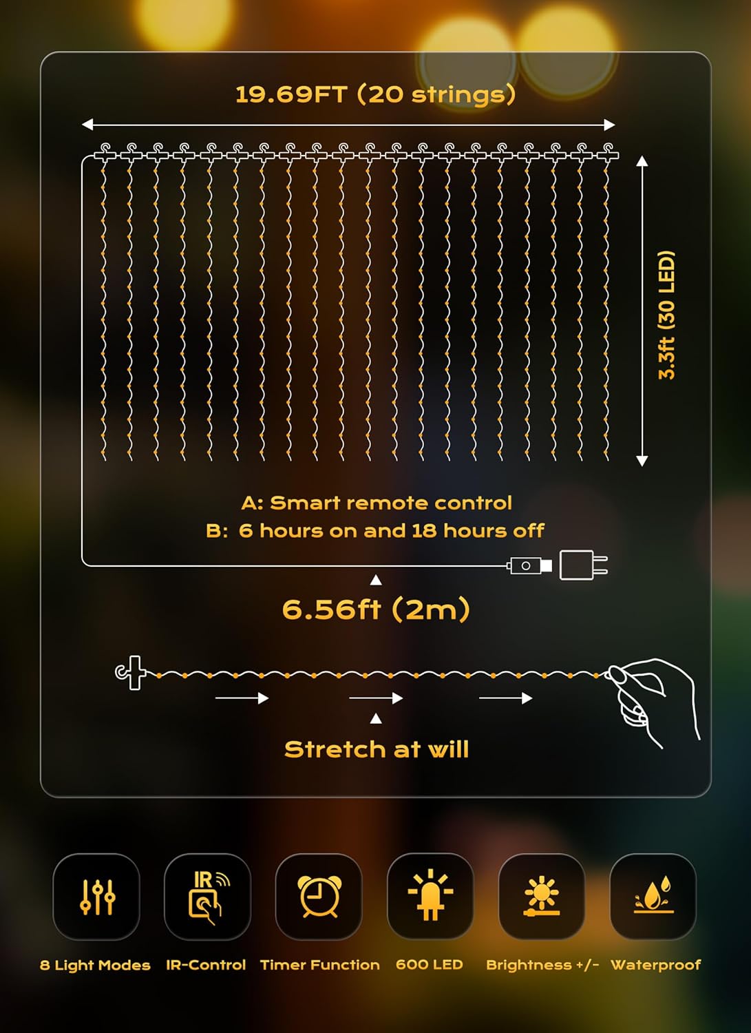 Brightown 600 LED Curtain String Lights, 20 FT Hanging Fairy Lights with Remote, 8 Modes, Waterproof Window Lights for Bedroom Backdrop Wedding Outdoor Christmas Party, Warm White