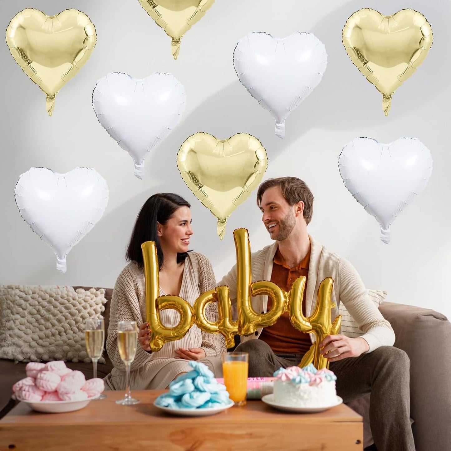 Gold White Foil Heart Balloons, 18 Inch 10 Pcs Pastel Yellow White Mylar Heart Shape Balloons Large Light Yellow and White Heart Balloons for Birthday Wedding Graduation Baby Party Valentines