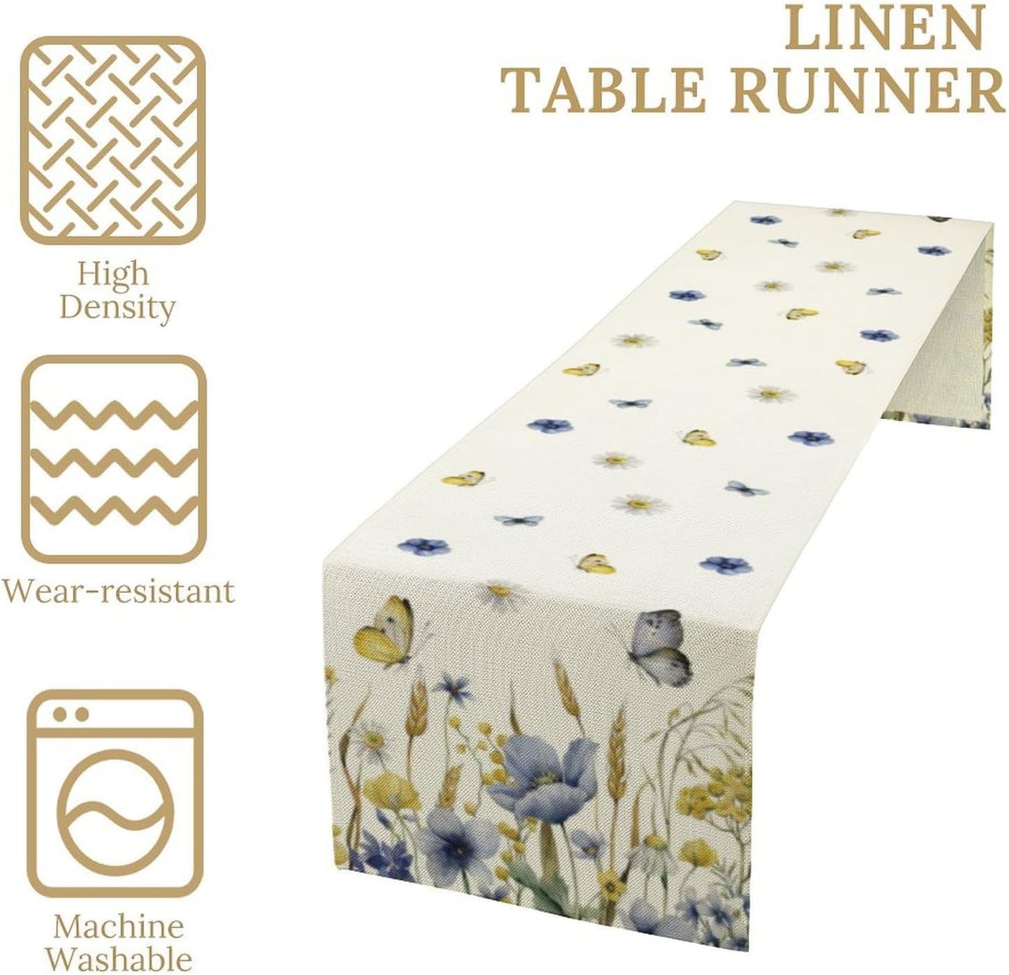 Floral Table Runner, Spring Watercolor Flower Plants Nature Butterfly Table Runner for Kitchen Dinner Living Room Home Party, 13x60 Inch