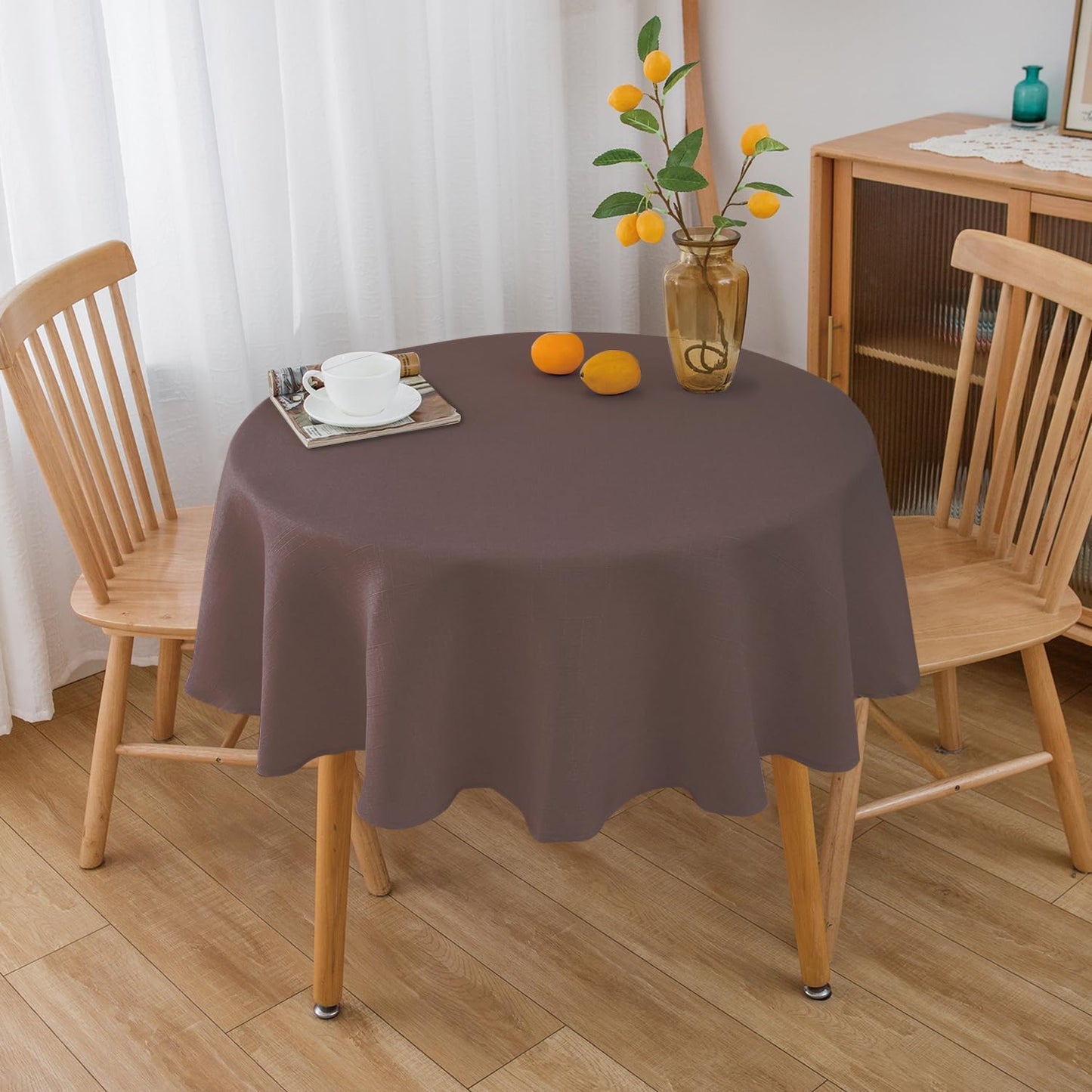 NLMUVW Brown Linen Tablecloth Round Tables Water Resistant Textured Table Cloth Farmhouse Table Cover for Kitchen Dining Coffee, 48 Inch