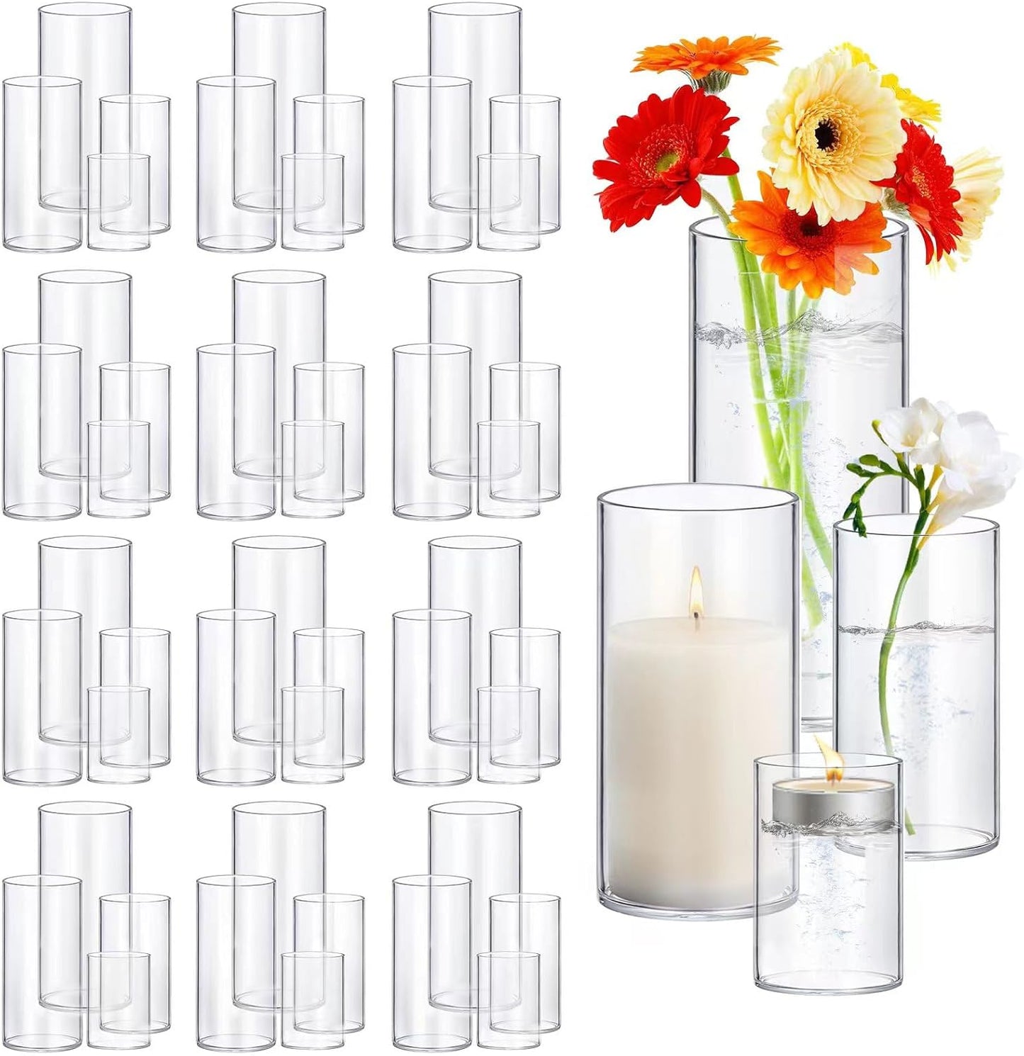 48 Pack Thick Glass Cylinder Vases 4,6,9,12 Inch Tall Clear Flower Vase Hurricane Floating Candle Holder for Table Centerpiece Wedding Home Decor
