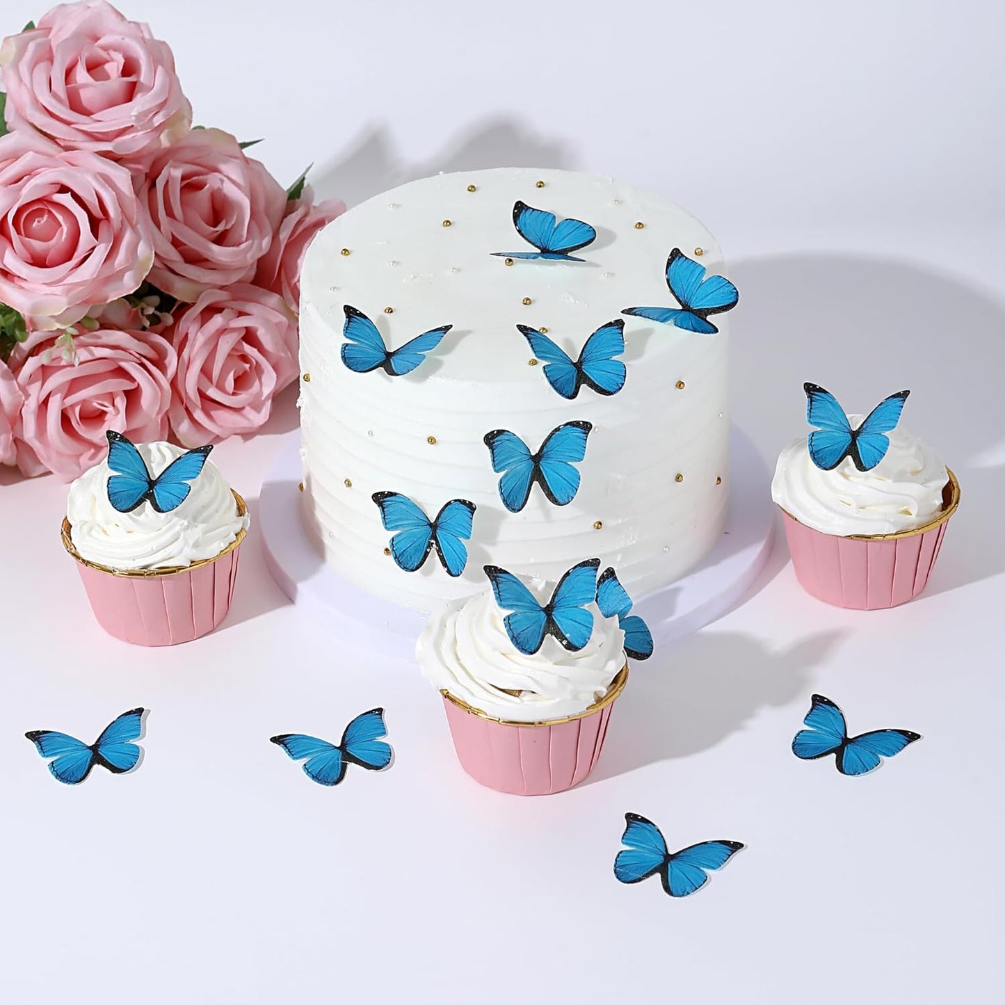 48PCS Blue Edible Butterfly Cake Toppers Wafer Paper Butterflies for Cake Decorations Colorful Small Pastel Cupcake Toppers Decorations for Birthday Party Wedding Cake Decorations