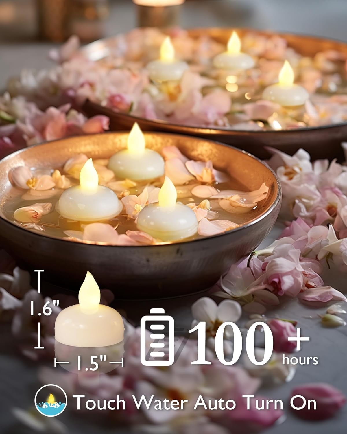 Homemory 72 Pack Waterproof Flameless Floating Tealights, Battery Flickering LED Tea Lights Candles - Wedding, Party, Centerpiece, Pool & SPA (Warm White)