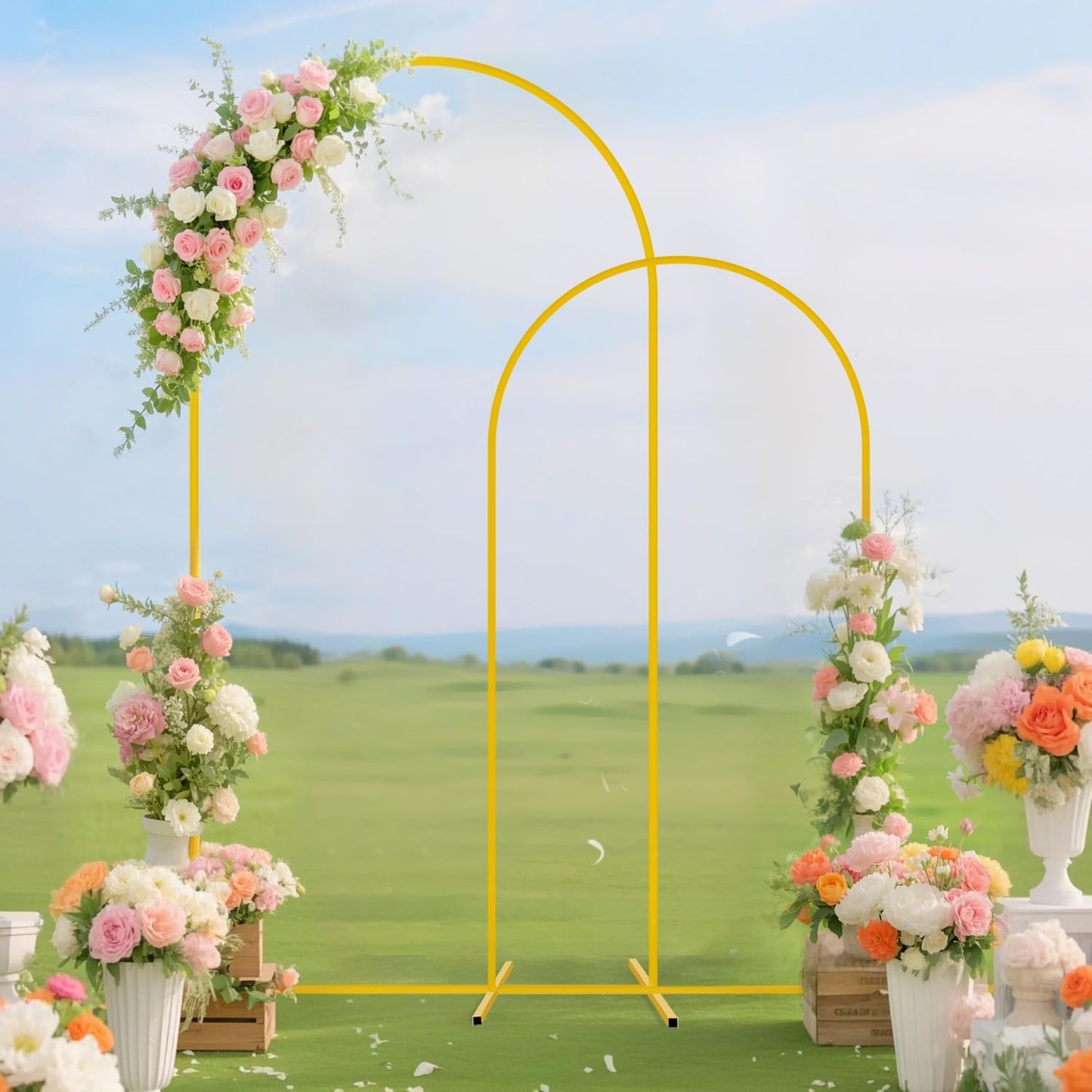 Metal Arch Backdrop Stand Set of 2 with Cover (7.2FT, 6FT) Wedding Arches Stand and Beige Spandex Arch Covers Stretchy Backdrop Balloon Arch Stands and Cover Set for Baby Shower Birthday Party Decor
