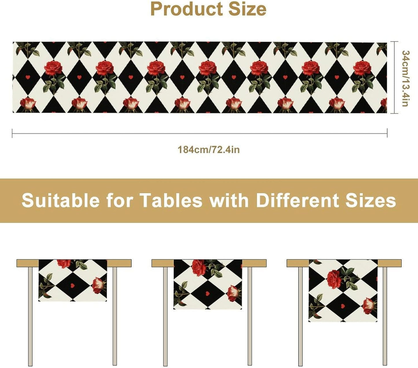 Vintage Rose Table Runner, Red Rose Hearts Black White Checkered Background Table Runner for Kitchen Dinning Table Runner Decor Home Wedding Party Holiday, 13x36 Inch