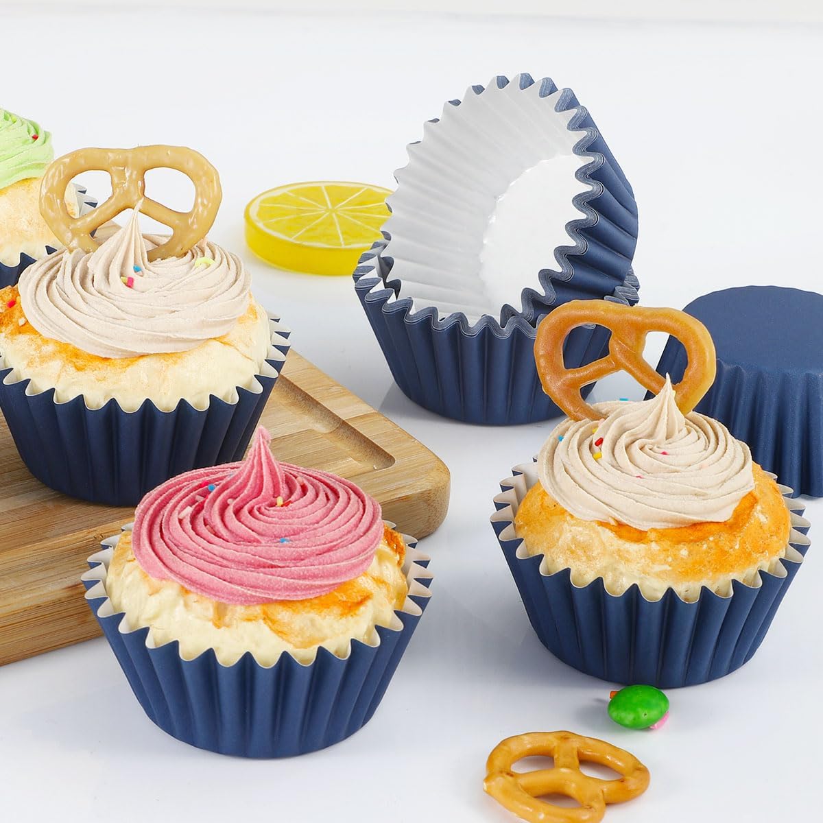 Caperci Grease-Resistant Standard Cupcake Liners 150 Counts - Heavy Duty Paper Muffin Baking Cups, Odorless, No Muffin Pan Needed, Easily Peels (Navy Blue)