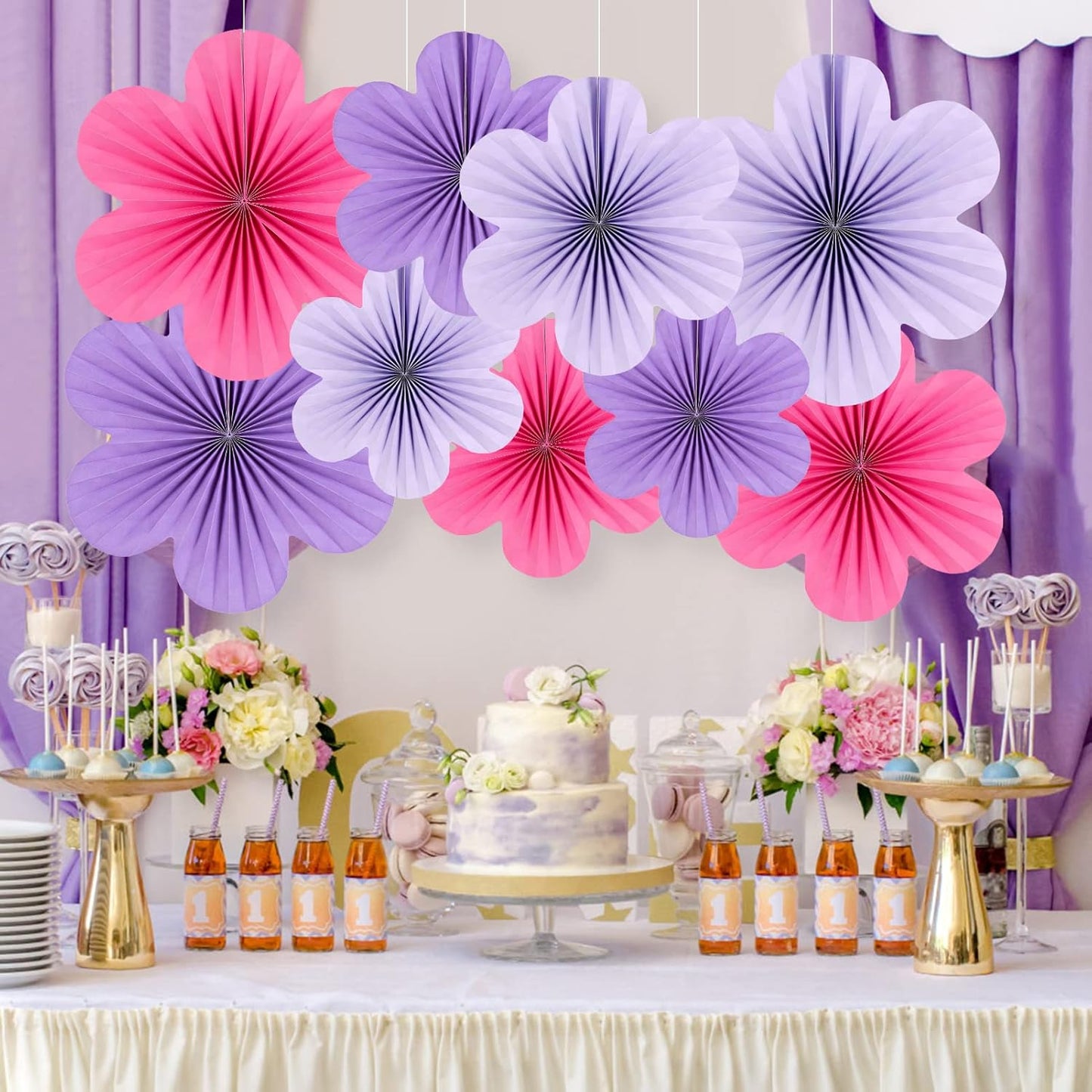 Paper Flowers Decorations for Wall Purple Paper Fans Classroom Decoration Floral Backdrop Decor Fans Hanging Pink Flower Wall Decor, Set of 9