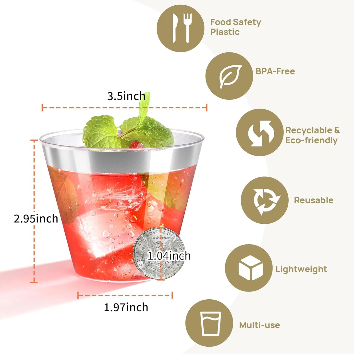 [200 Pack] 9oz Clear Plastic Cups with Silver Rimmed Sturdy & Food Safe Disposable Wine Glasses Party Wedding Disposable Drinking Cups Plastic Cocktail Glasses for Wine, Juice & Cold Beverages