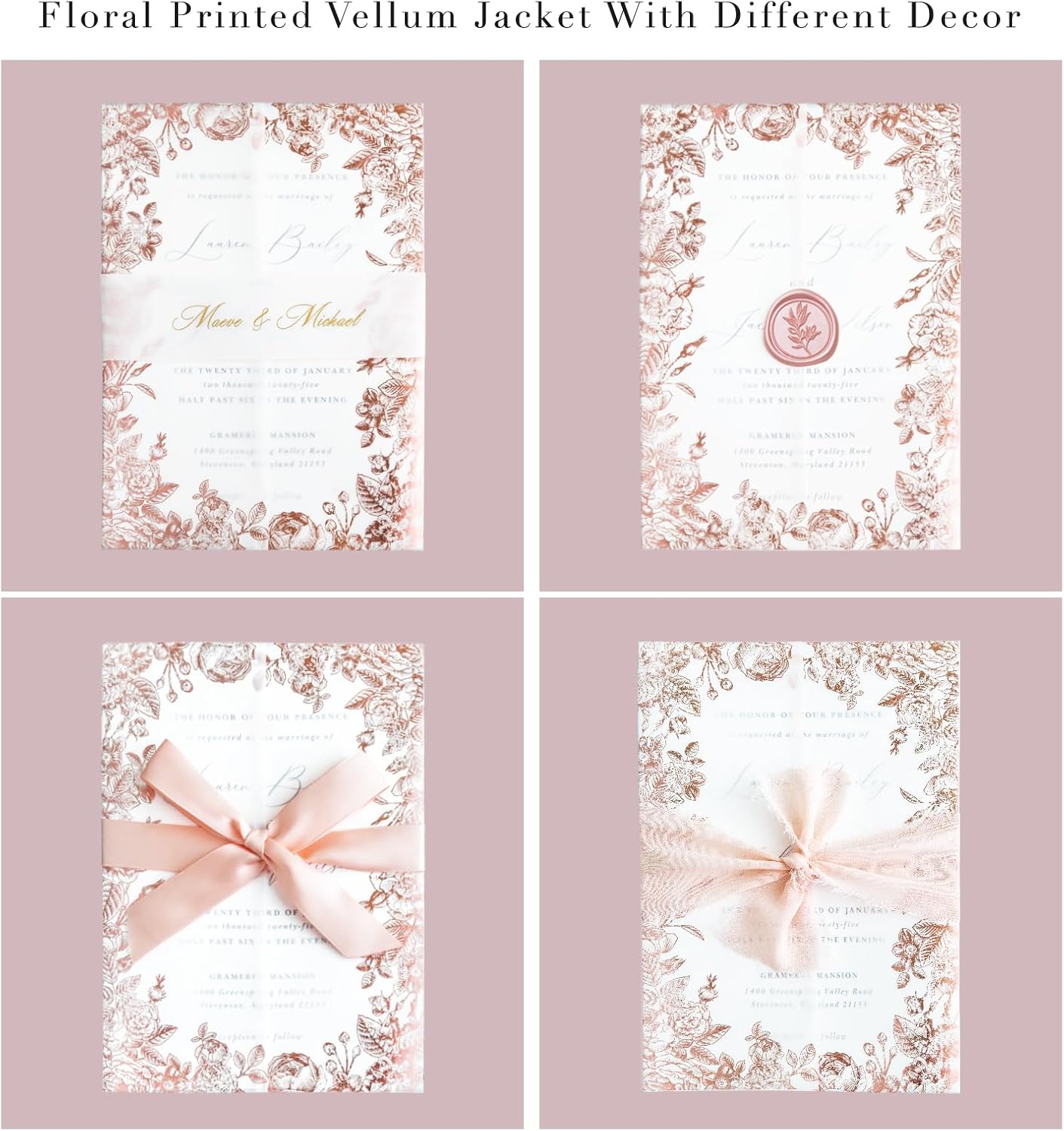 PONATIA 50 PCS Vellum Jackets for 5x7 Wedding Invitation Cards- 135gsm Floral Printed Vellum Sleeves, Invitation Cards Wraps (Rose Gold Foil)