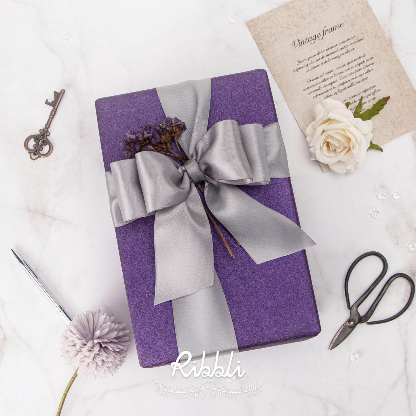 Ribbli Silver Double Faced Satin Ribbon, 2” x Continuous 10 Yards,Use for Bows Bouquet,Gift Wrapping,Floral Arrangement,Wedding Decoration