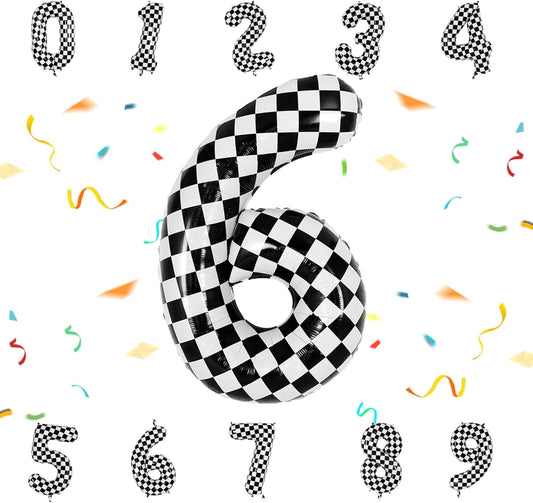 40 Inch Checkered Number Balloon - Race Flag Pattern Big Helium Balloon for Birthday Party Decorations - Black & White Balloon for Kids Adults Party Supplies(Racing Car, Number 6)