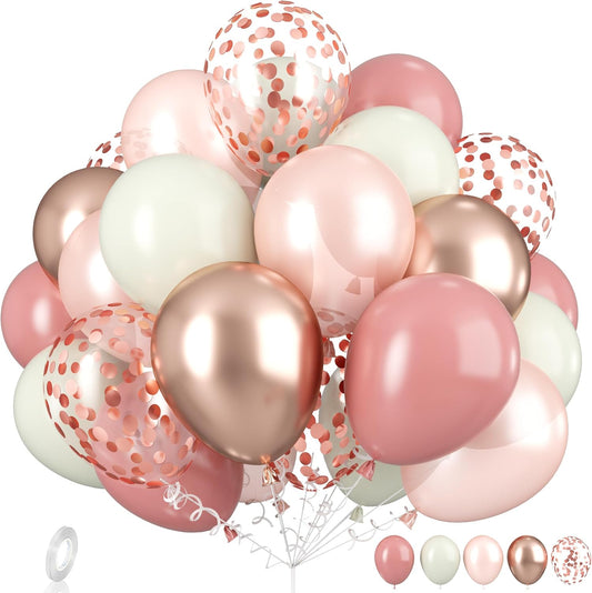 Dusty Pink Boho Blush Balloons, Metallic Rose Gold Retro Pink Ivory White Balloon, Nude Cream White Balloon and Confetti Balloons for Bridal Baby Shower Girls Birthday Wedding Decor Supply