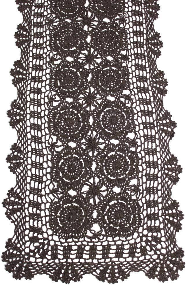 KEPSWET Cotton Handmade Crochet Lace Table Runner Dark Brown Rectangle Coffee Table Dresser Decor (14x36 inch)