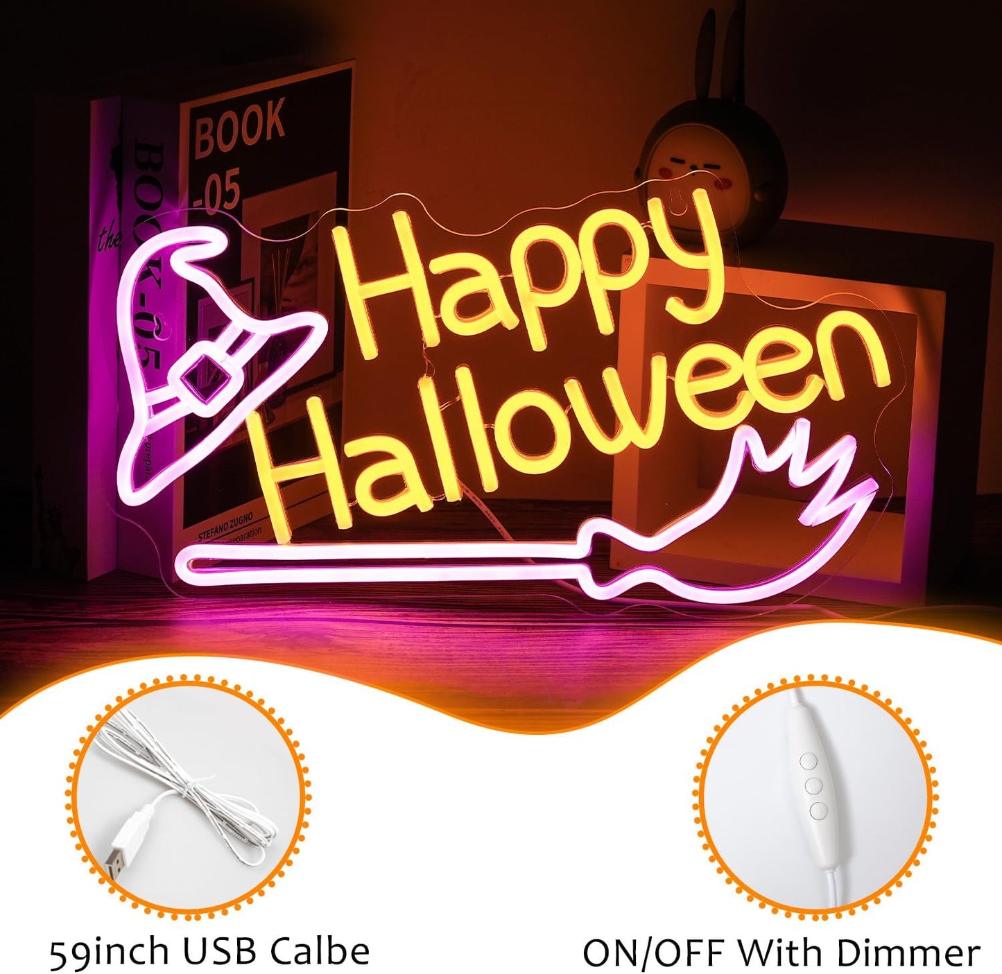 Happy Halloween Neon Sign Witch Hat Neon Sign Dimmable Broom Led Wall Decor Neon Lights Halloween Decorations for Home Spooky Party Kids Room