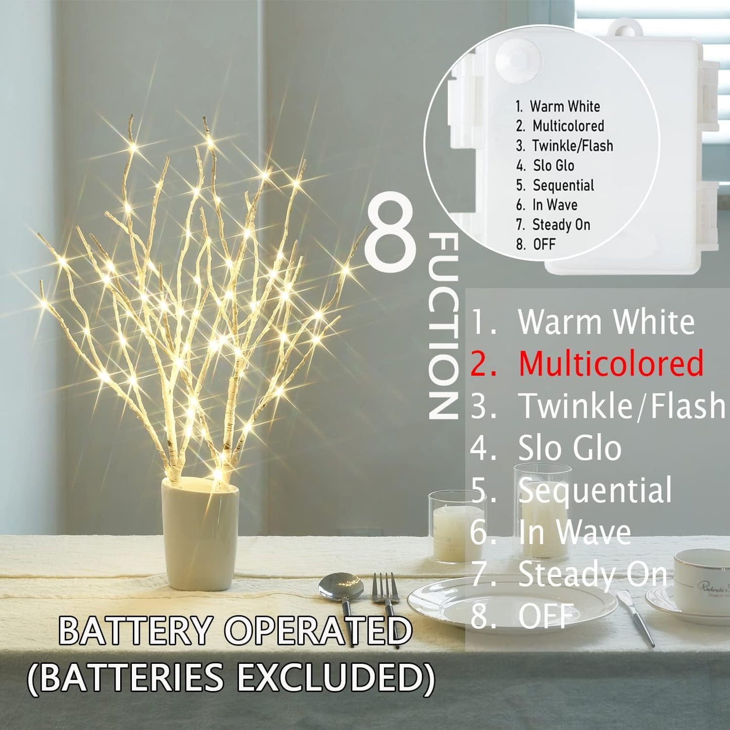 Fudios Lighted Birch Branches with 70 Multicolor LED Fairy Lights 18in Battery Operated, Lit White Twig Branches Color Changing Lights for Christmas Party Decoration