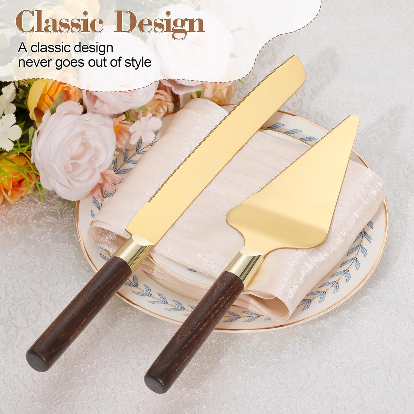 Gold Cake Cutting Set for Wedding, Wood Cake Knife and Server Set, Vintage 2-Piece Pie Cutter Set, Serrated Pizza Dessert Utensils, Bridal Birthday Quinceañera Gift (Walnut color)