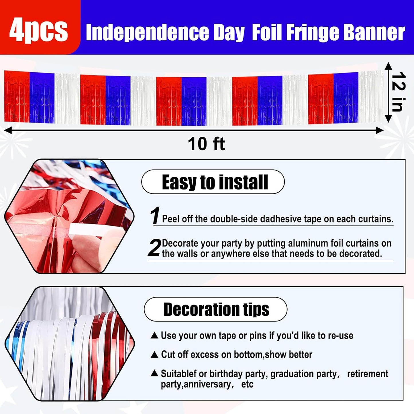 4 Pack 10 Feet White Blue Red Foil Fringe Garland Metallic Tinsel Streamers Banner Wall Hanging Curtain Backdrop for Parade Floats, Wedding, Graduate, Mother's Day, Birthday Party Decoration