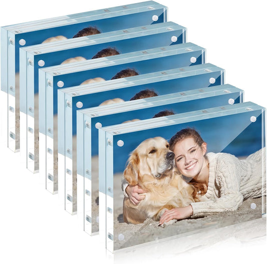 TWING 6 Pack Picture Frames Acrylic 4 x 6, Horizontal Magnet Frame Lucite Double Sided 4x6 Picture Frame, 10+10MM Thick Clear Frameless Desktop Display Self Standing Magnetic Acrylic Block Photo Frame