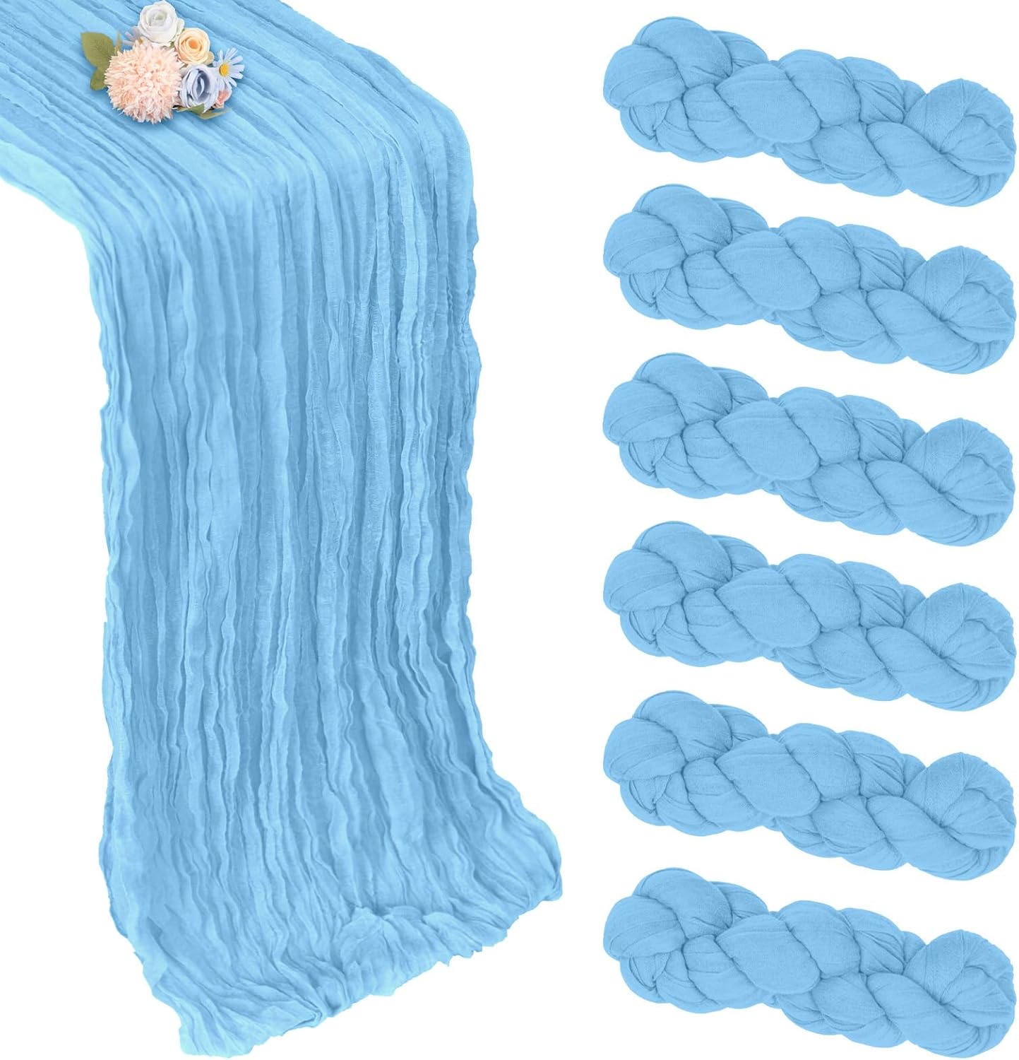 6 Pack Baby Blue Fall Table Runner 10ft Boho Gauze Fabric Cheesecloth Table Runner 35 x 120 Inch Rustic Sheer Runner for Romantic Wedding Decor Baby Shower Party Table Centerpiece Decorations