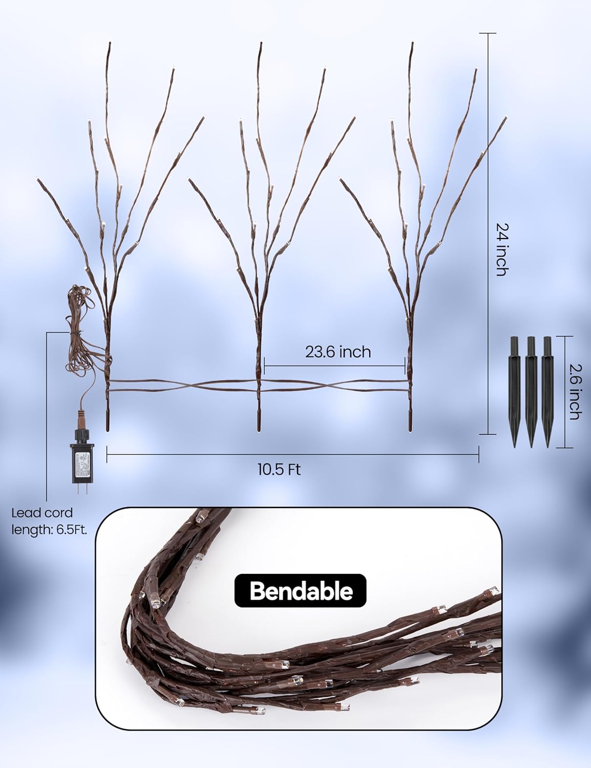 Lighted Branches for Vases Plug in - 6 Pack 24Inch 60 LED Christmas DIY Twig Pathway Lights, Artificial Tree Bendable Xmas Fairy Lights with Stakes for Outdoor Indoor Party Decoration, Pure White