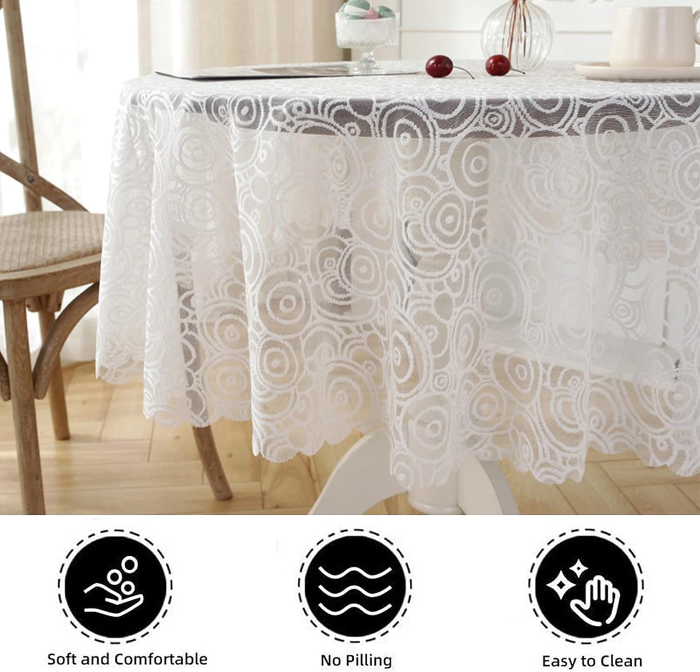 Jeloris Round Lace Tablecloth with Elegant Scalloped Bottom for Any Special Event Such as Wedding, Birthday Party, Baby Shower, Anniversary (60 inch, Style 5)
