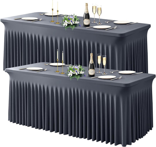 Wish Care 2 Pack Gray Spandex Table Clothes for 4 Foot Rectangle Tables, 4FT Wrinkle Free Fitted Tablecloths Ruffles Design Table Cover for Party, Banquet, Wedding and Events