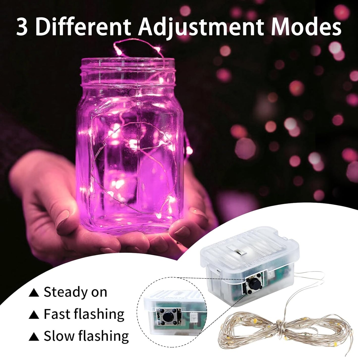 50 Pack Pink Fairy Lights 7Ft 20 LED Twinkle String Lights 3 Modes Battery Operated Waterproof Firefly Starry for Mason Jar Party Wedding Christmas Valentines Day Table Centerpieces