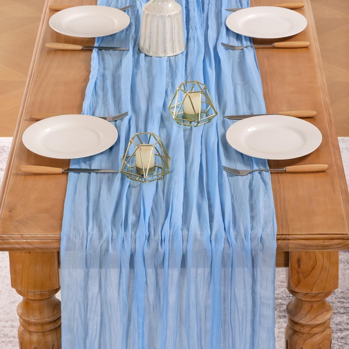 MLMW Light Blue Cheesecloth Table Runner Boho Gauze Rustic Cheese Cloth 160 inch Sheer Baby Blue Coastal Table Runner 13.3ft for Wedding Party Baby Bridal Shower Birthday