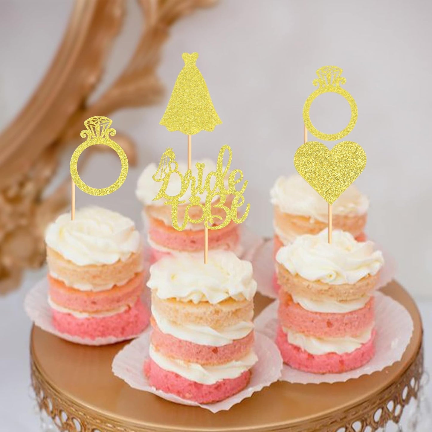 Pack of 24 Bride to Be Cupcake Toppers with Heart Ring Dress Bridal Shower Cupcake Picks Wedding Engagement Bachelorette Party Cake Decorations Supplies - Gold Glitter