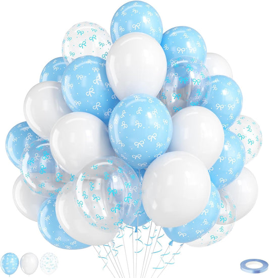 Blue Bow Balloons,12 Inch Pastel Light Blue Clear White Latex Balloon for Girls Women Birthday Bachelorette Bridal Wedding Anniversary Bow Theme Party Supplies