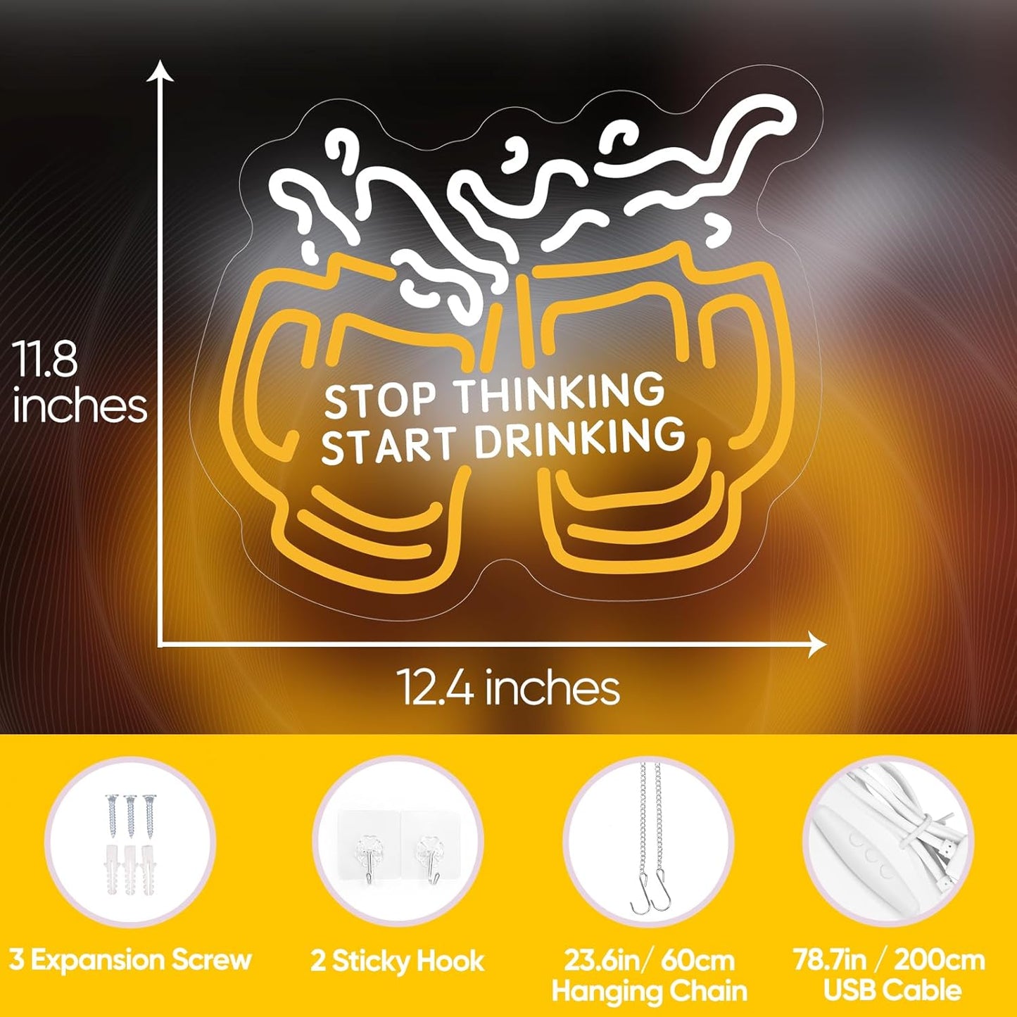Stop Thinking Start Drinking Neon Sign for Wall Decor, Dimmable Two Beers Cheers Neon Lights with USB Powered Light up Sign for Home Bar Man Cave Party Club Restaurant