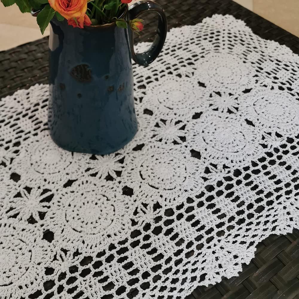 Phantomon Lace Table Runner Rectangular Table Cover Cloth Handmade Crochet Floral Placemats 100% Cotton (Floral White, 15x39Inch)