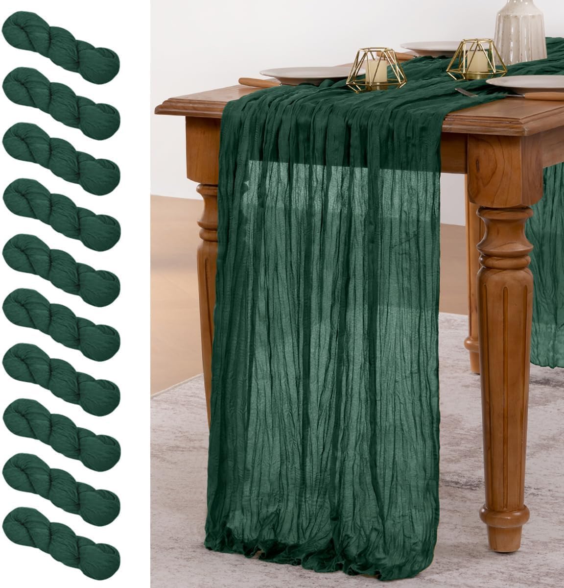 MLMW 10 Pack Christmas Table Runner Cheesecloth Emerald Green Table Runner Boho Cheese Cloth Gauze 160 inch Rustic Table Runner 13.3ft for Party Wedding Baby Bridal Shower Birthday