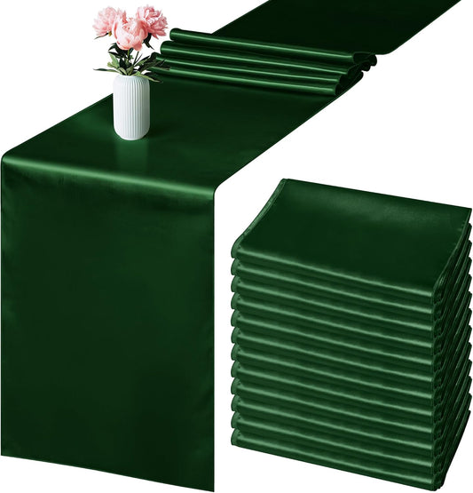 Aneco 12 Pack Satin Table Runner 12 x 108 Inch Forest Green Long Wedding Satin Silk Table Runner for Wedding Banquet Graduations Birthday Party Decoration