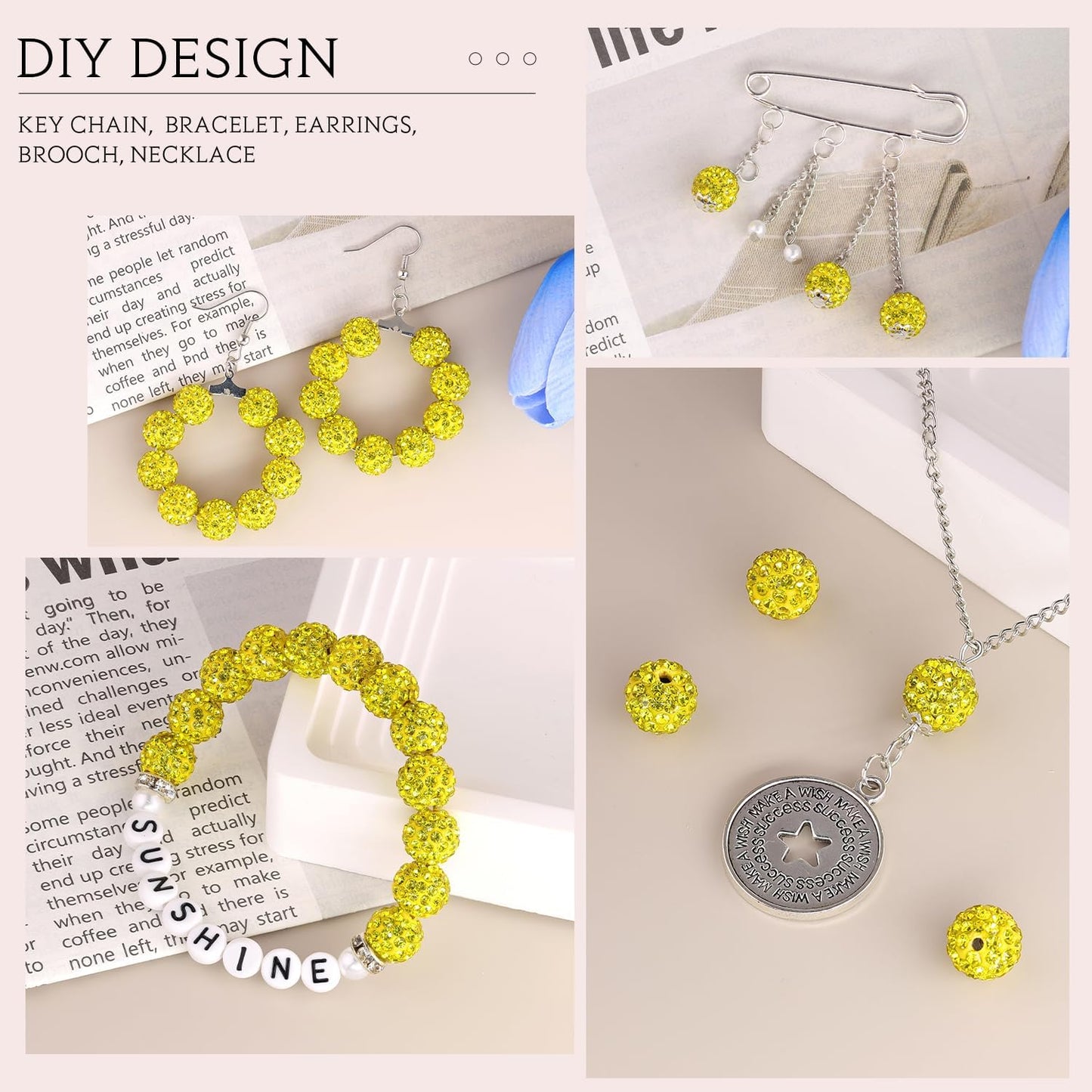 200pcs 10mm Citrine Rhinestone Beads for Jewelry Making, Shiny Round Shamballa Disco Ball Beads Bulk, Sparkle Crystal Clay Christmas for Bracelet Baseball Necklace Earring Crafting and DIY