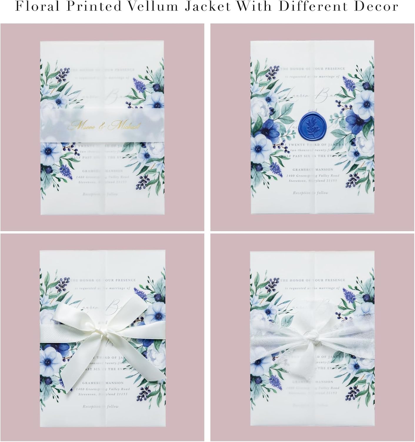 PONATIA 50 PCS Vellum Jackets for 5x7 Invitation Cards - 135GSM Royal Blue Flowers Vellum Sleeves, Transparent Gift Card Jackets